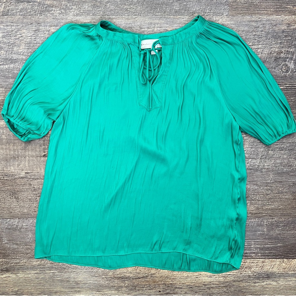 Chelsea & Theodore green satin short sleeved blouse top shirt size small S B122